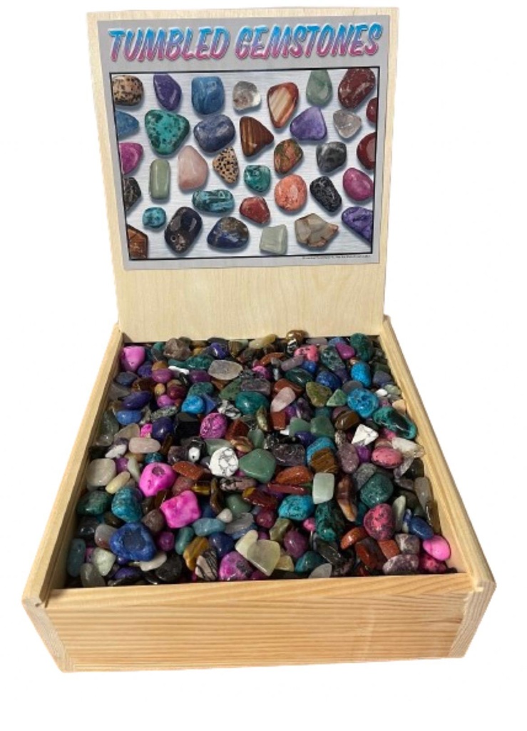 Tumbled gemstone box and 34 pounds of stones